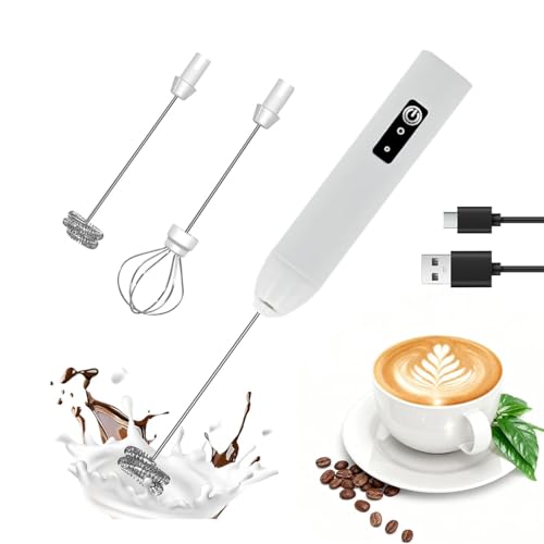 Milk Frother Handheld Rechargeable Electric Frother Wand Coffee Foam Maker with 2 Stainless Stee Whisks & 3 Speeds,Drink Mixer Handheld for for Latte, Cappuccino, Hot Chocolate, Matcha, Egg (White)
