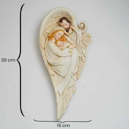 Image of DDSS DD-358 Holy Family of Mother Mary, Joseph, Jesus Christ Idol Statue Sculpture, Wall Hanging Home Decor in Poly Stone Ivory Marble Finish Size: 30cm X 15cm