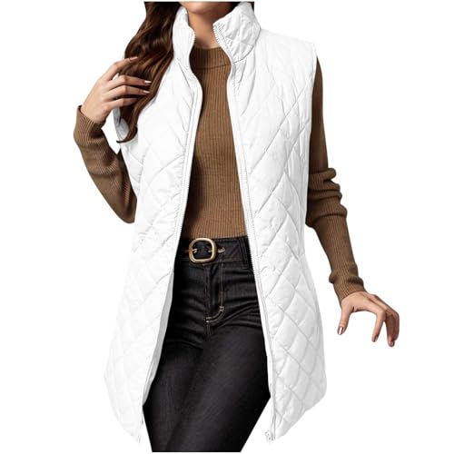 OVARA Womens Quilted Gilet Longline Stand Collar Lightweight Zip Padded Vest Thermal Comfy Casual Plain Puffer Gilets Ladies Long Body Warmers Sleeveless Jacket