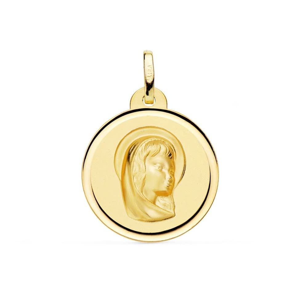 Virgen Niña medalla oro 18k Primera Comunión 20mm. lisa bisel