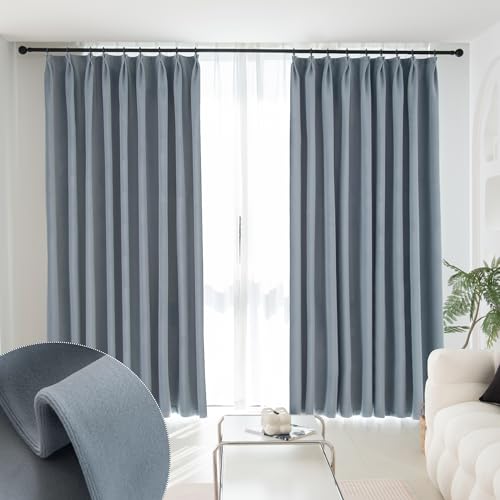 Velvet Pinch Pleat Stone Blue Solid Thermal Insulated 85% Blackout Patio Door Curtain Panel Drape for Traverse Rod and Track, Soft Velvet Pinch Pleated Curtain Dusty Blue 52" W x 84" L (One Panel) by MUMFAS - Used condition - US$34.23