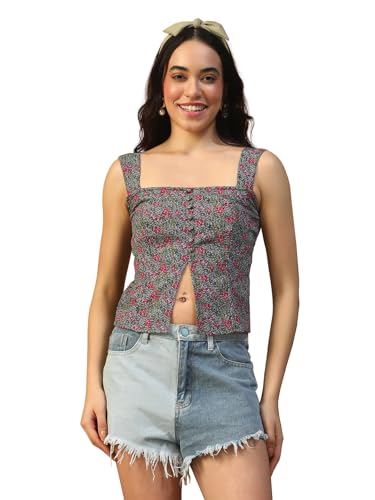 Image of oxolloxo Women Printed Top with Square Neck, Smocked Back, Shoulder Straps, Button Fly and Front Slit in Soft Poly Seersucker Dobby Fabric