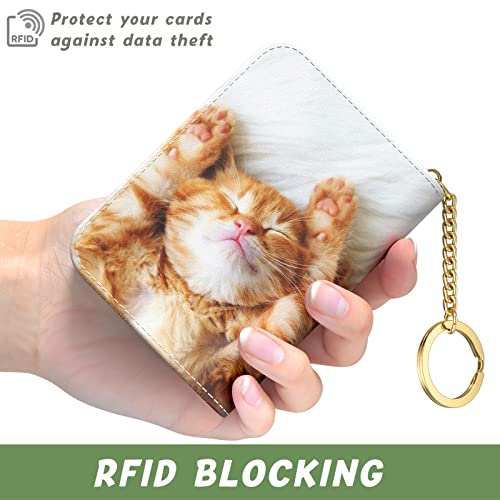Image of Aiawoxc Credit Card Holder for Women, Small RFID Wallet Slim Leather Card Organizer Case with Zipper and Keychain, Cute Cat
