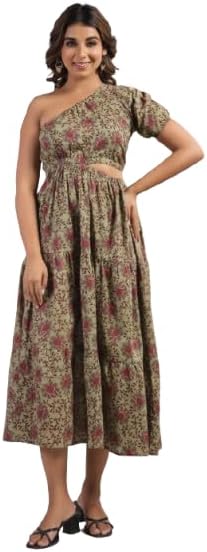 Olive Green Floral Printed One Shoulder Midi Dress for Women | Stylish Asymmetric Neckline Dress | Casual Summer Western Dress (in, Alpha, XL, Regular, Olive Green)