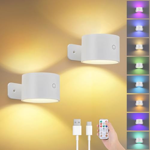 Image of Lightess Battery Operated Wall Sconces Set of 2, Remote Control, Colorful | 19 Colors Dimmable, Rechargeable Light for Bedroom Hallway, Cordless