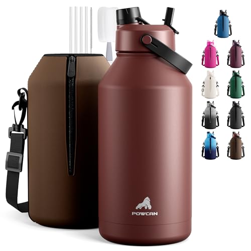 Image of POWCAN 64 oz Insulated Water Bottle with Carrier Bag, Leakproof, Straw and Spout Lid, Keep Cold 48H, Cleaning Brush, BPA-Free, Stainless Steel Water Bottle for Travel, Sports and Picnic (Cocoa)