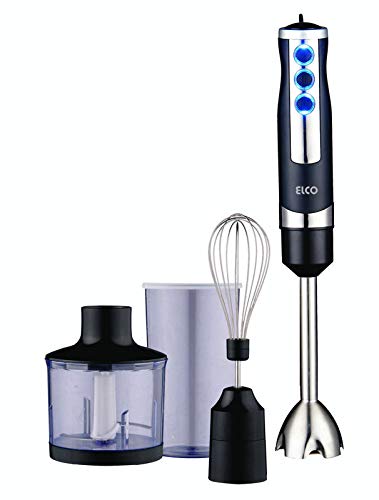 Elco PB-4109-4, Batidora De Mano con 3 accesorios, 3 velocidades, acero inoxidable Con 1000W, botones iluminados, Incluye Vaso Medidor.