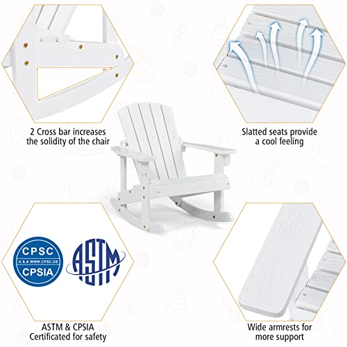 Giantex Wooden Adirondack Rocking Chair - Kids Outdoor Adirondack Rocker With Slatted Seat, Smooth Rocking Feet, 300Lbs Weight Capacity, Porch Rocking Chair For Balcony, Backyard, Poolside (1, White) #TOP6