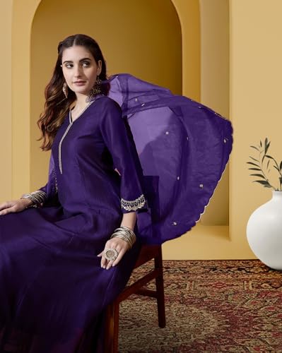 Image of Amazon Brand - Tavasya Women Vichitra Zari Sequence Embroide Kurta with Pant and Dupatta|Kurta Set|Ethnic Wear|Salwar Suit|3 Piece Set
