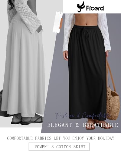 Ficerd 3 Pack Women's Maxi Long Skirts, Ankle Length a Line Elastic High Waist Summer Casual Drawstring Skirts with Pockets3