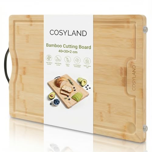 COSYLAND Tagliere da Cucina Grande 40×30 cm con Manico - Tagliere Legno Pre-Oliato con Solco Profondo per Succo, Base con Piedini Antiscivolo, Essenziale Cucina per Tagliare e Affettare (20MM)