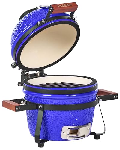 Barbacoa de carbón cerámica para exteriores con tapa y termómetro parrilla de cocción azul Kamado