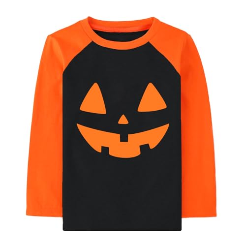 Sineeko Toddler Boy Girl Halloween Pumpkin Shirt Long Raglan Sleeve Outfits Jack O' Lantern Tops Cotton Kids Clothes Pumpkin Face Tshirt Black 7T