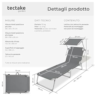 tectake® 1 Lettino a Sdraio per Prendere Il Sole con L'Ombrello Parasole 190cm, Lettino Pieghevole da sole, Sdraio da Spiaggia o da giardino, Arredamento Terrazzo Balcone - grigio