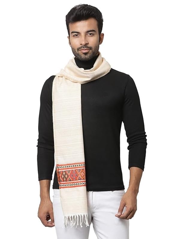 Handwoven Wool Muffler – Embroidered Off White 1 Patti Design | Cozy and Warm Scarf for Men|Women | Traditional Pure Wool Craftsmanship for Winter Fashion (Off White)-image-21