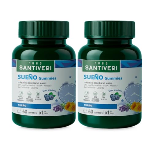 SANTIVERI – Sueño Gummies, Complemento Alimenticio con 1,95 mg de Melatonina, GABA, Amapola de California y Lavanda, Ayuda a Conciliar y Mantener el Sueño, Sabor Arándanos – Pack de 2 x 60 Gummies