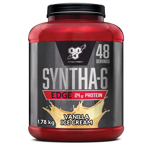 BSN Syntha 6 Edge poudre protéinée pauvre en glucides & sucre, avec isolat de protéines de lactosérum et BCAA, complément pour prise de masse musculaire, glace vanille, 48 doses, 1,87 kg