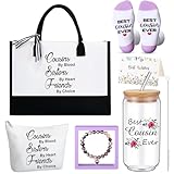 Pickmesh 7 Pack Cousin Gifts for Women, Thank You Best Cousin Ever Themed Gift for Birthday, Canvas Tote Bag, Makeup Bag, 16 oz Coffee Glass Cup, Socks, Stone Bracelet, Greeting Card and Box