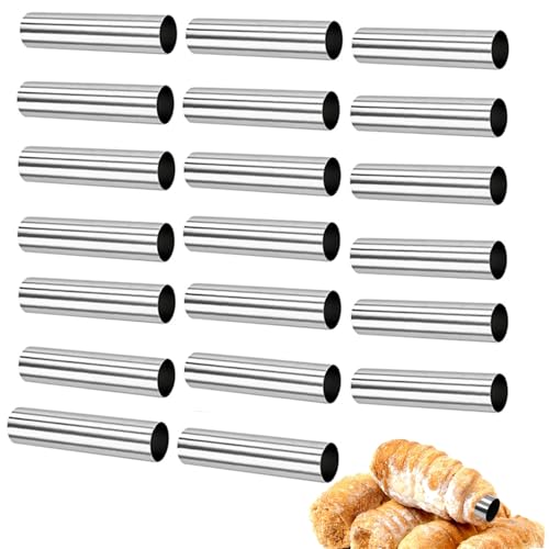 OYUUJII Cannoli Tubes,20 Pcs Cannoli Form Moulds Stainless Steel Cream Roll Moulds Non-Stick Croissant Mold for Danish Pastry Pancake Crisps Croissant Shell