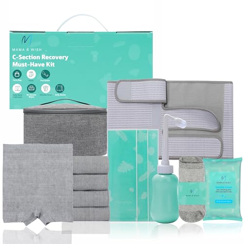 Image of Mama & Wish® C-Section Recovery Kit Must Haves - Postpartum Essentials 12-Piece Set with Belly Binder, No-Shower Wipes, Silicone Scar Patches, Peri Bottle, Underwear, Grip Socks & Toiletry Bag