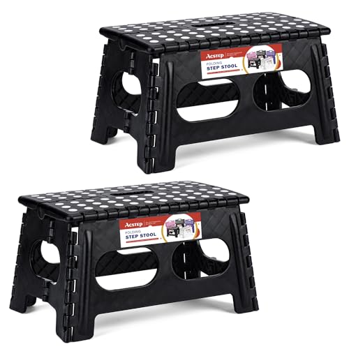 ACSTEP Foldable Step Stool for Kids and Adults,15-Inch Extra Wide 9-Inch Height Step Stool(2 Pack) More Safe and Comfortable Holds Up to 300 lbs Folding Step Stool for Bathroom, Garden, Kitchen（Black）
