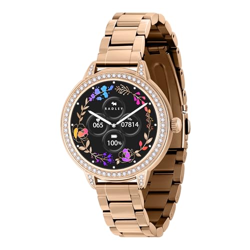 RADLEY Smart Series 33 Amoled HD Smart Watch for Women with 100+ Sports Modes Heart Rate Step Counter IP68 Fitness Tracker Sleep Monitor and Stainless Steel Rose Gold Plated Strap for IOS Android