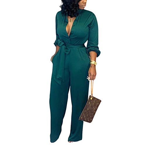 CQWL Women's Fashion Temperament Solid Color Suit Collar Jumpsuit,Long Sleeve Wide Leg Pants Jumpsuits Romper with Belt Green