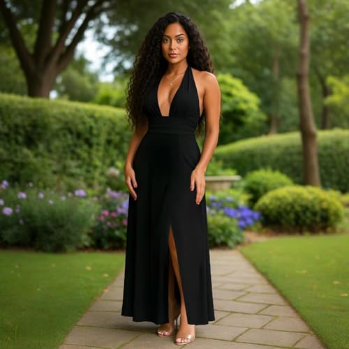 Image of Womens Backless Dress Sexy Halter Deep V Neck Maxi Dresses Sleeveless Long Cocktail Dress with Slit