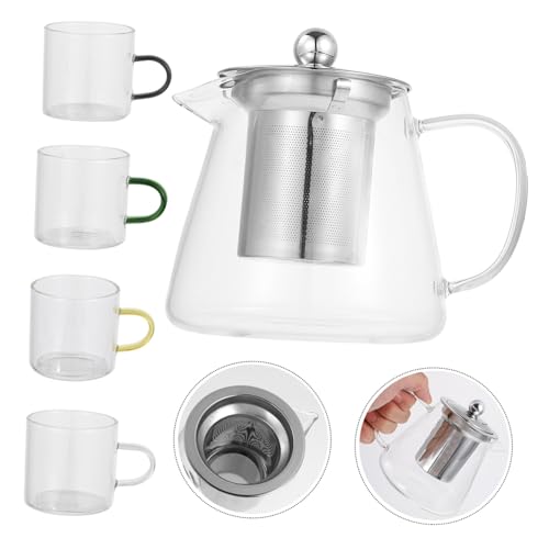 Tetera de cristal transparente resistente al calor con tazas de té y filtro 5