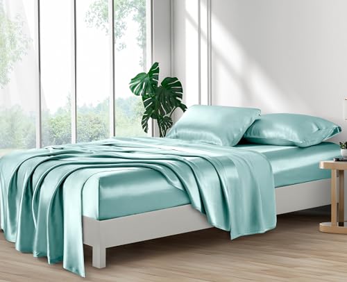 Image of Lanest Housing Silk Satin Sheets, Queen Size Satin Bed Sheet Set with Deep Pockets, Cooling Soft and Hypoallergenic Sheets Queen - Aqua