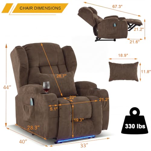 Image of Wall Hugger Power Recliner Chair Set of 2, Overstuffed Home Theater Seating w /Heat Massage Electric Movie Gaming Sofa Reclining Sleeper Chair with LED Light /Lumbar Pillow /Cup Holders