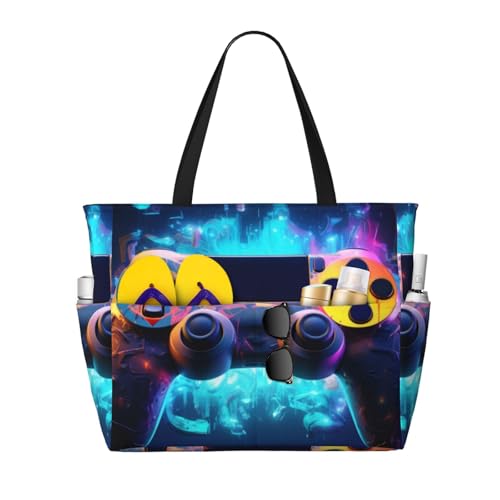Neon Video Game Controller Large Capacity Travel Bag Lightweight Shopping Handbag Beach Tote Bags Casual Work Bag