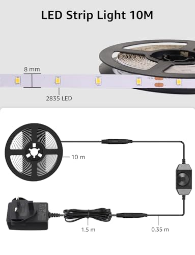 Lepro LED Strip Light Warm White 10M, 2000lm Dimmable LED Taple, 24V UK Plug in LED Strip with Dimmer Switch, 3000K Flexible Stick-on LED Lights for Bedroom, Kitchen, Cupboard, Shelf (1 Roll)