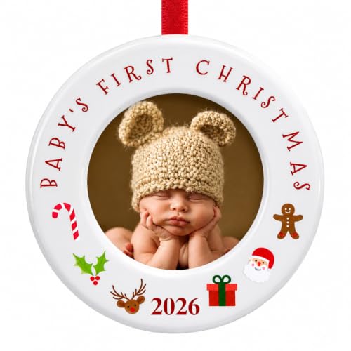 BANBERRY DESIGNS Babyβs First Christmas Ornament 2026 with Photo Frame, 3.5 Inch Round Newborn Picture Ornament Holds 2 Inch Photo, Christmas Tree Keepsake with Easel Back, Baby Shower