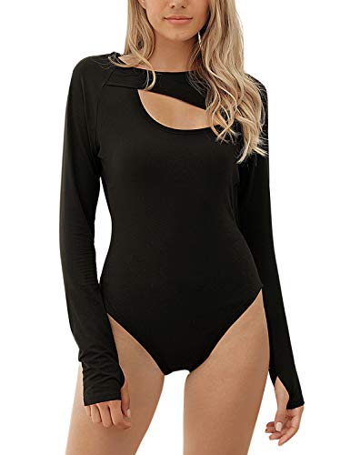 Blooming Jelly Women Long Sleeve Bodysuit Crew Neck Basic T Shirt Cut Out Jumpsuit Tops Black Leotard(Large?Black?