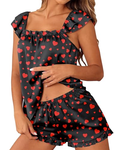 Frcdaunrs Silk Pajamas for Women Valentines Lounge Pjs Set 2 Piece Black Pjs With Red Hearts Ruffle Pajamas Set M