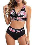 UMIPUBO Bikini Damen Set Bauchweg Große Brüste High Waist Push Up Bikinis Gekreuztem V Ausschnitt Sexy Bademode Bauchkontrolle Swimsuit Strandbikini (Blumen Rosa, XXL)