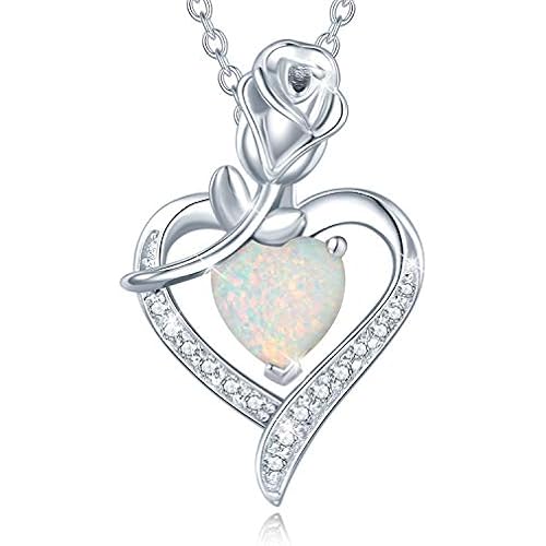 AGVANA Rosy Reverie Birthstone Necklace for Women Sterling Silver Genuine or Created Gemstone Rose Flower Heart Pendant Necklace Anniversary Birthday Gifts for Women Mom Wife Her