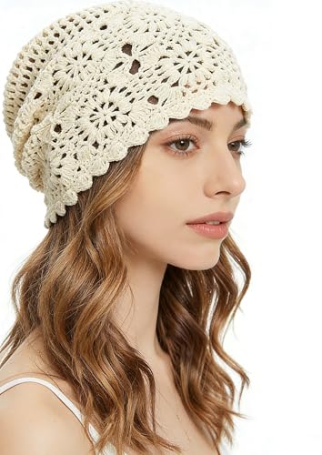 Royid Crochet Hat for Women Cotton Slouchy Beanie Knitted Handmade Skull Cap for Travel Daily Wear Beige