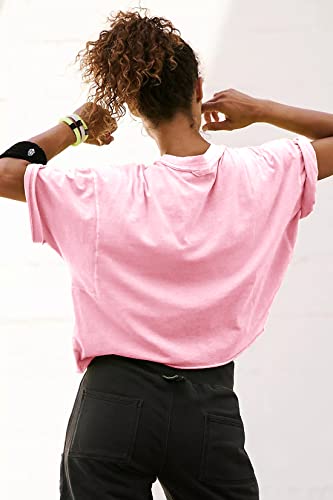 Image of HUGOOME Womens Oversized Workout Crop Top Casual Short Sleeve Boxy Roll Hem