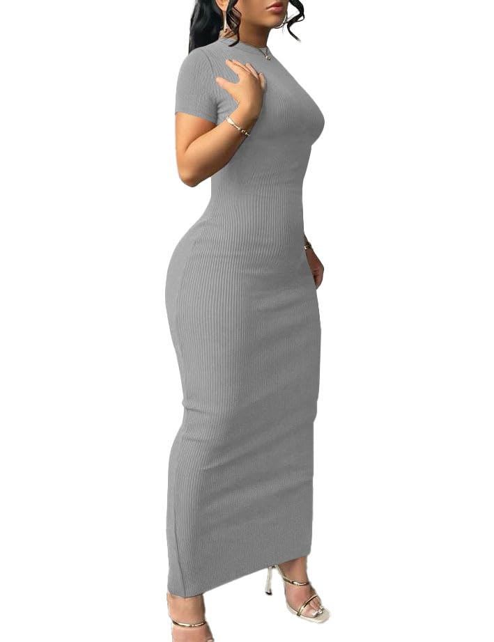 Nimsruc Women Summer Short Sleeve Bodycon Maxi Dress Crew Neck Long Dresses Casual Sundress Light Gray L