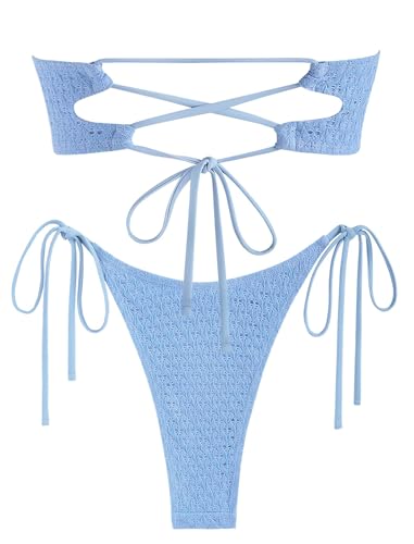 ZAFUL Women's Bandeau Bikini Strapless O Ring Lace Tie Back High Cut Two Piece Swimsuit Bathing Suits2