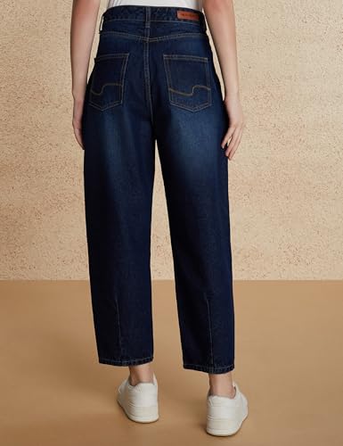 Image of Amazon Brand - Symbol Women's Barrel Fit Denim Jeans | Tapered Balloon | High Rise | Ankle Length (Available in Plus Sizes)