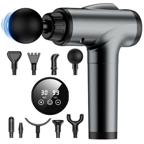 JQX Massage Gun Deep Tissue, High Percussion Back Neck Massager for Athletes, Handheld Muscle Massager Gun with 30 Speed Levels 9 Replacable Heads, Gift for Men & Women (Grey)