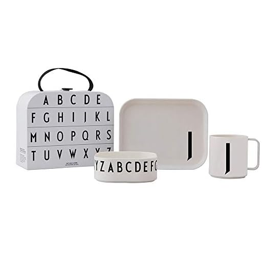 Design Letters Eat & Learn Tritan Set de regalo de maleta (Blanco) - J - Sin BPA, garantía de rotura, incluye plato, taza y cuenco, ideal para bebés y niños, disponible de la A a la Z