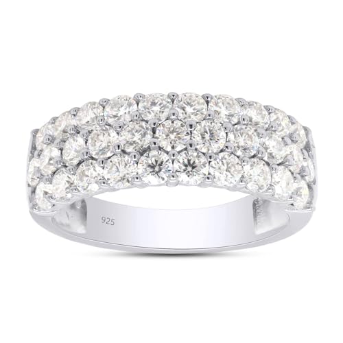 SAVEARTH DIAMONDS 1 1/2 Ctw Lab Created Moissanite & Lab Grown Diamond 3-Row Half Eternity Anniversary Band Ring For Women In 14K Gold Plated Sterling Silver (1.50 Cttw), Gift For Her