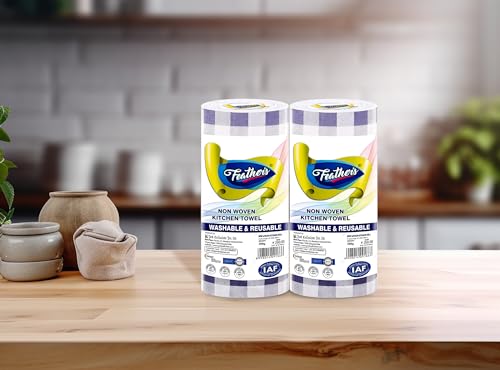 Image of Feather's Smartchoice Reusable Kitchen Towel Roll | 80 sheets per roll | Washable Non Woven Tissue, Clean wet surface, dishes, appliance, etc | Wash, Re-use and Repeat (Pack of 2)