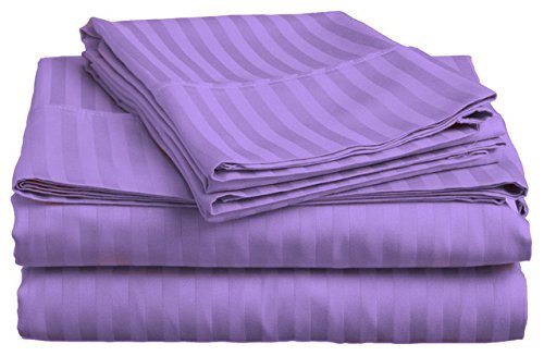 Laxlinen 600-Thread Count Super Soft Quality 100% Egyptian Cotton 1Pc Fitted Sheet 18 Inch Extra Deep Pocket With 2Pc Pillow Case Three Quarter/Small Bed, Lavender/Lilac Stripe #TOP6