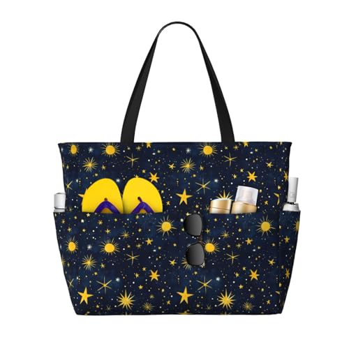 Large Beach Bags for Women Sandproof - Yellow Star Sun Print Summer Work Travel Tote Bags with Zipper