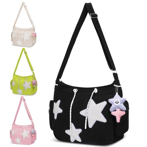 Y2K Star Tote Bag for Women, Emo School Grunge Bag Aesthetic, Cute Corduroy Shoulder Purse, Lightweight and Spacious Kawaii Tote Hobo Bag for Teen Girl